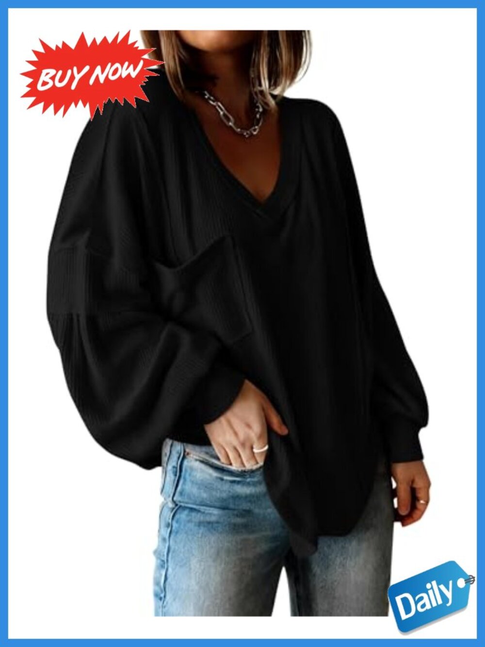 Ribbed Long Sleeve Tunic Top V-Neck Balloon Sleeve Blouse